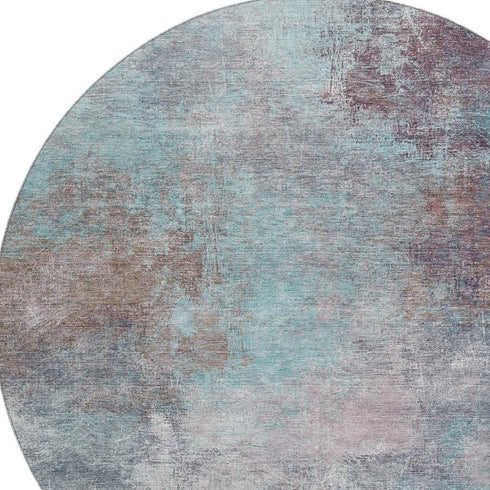 8' Teal And Taupe Abstract Washable Round Rug With UV Protection