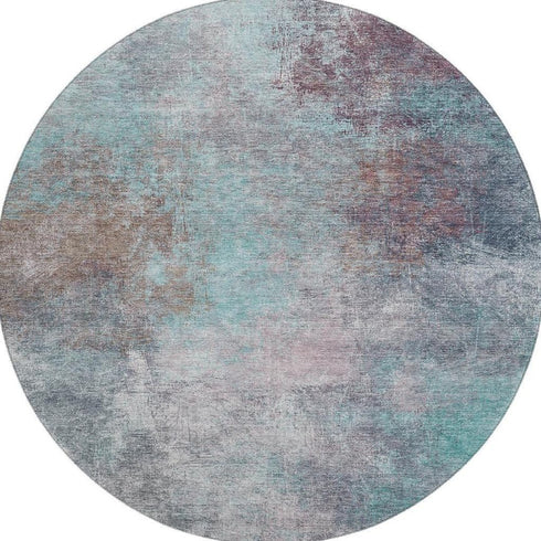 8' Teal And Taupe Abstract Washable Round Rug With UV Protection