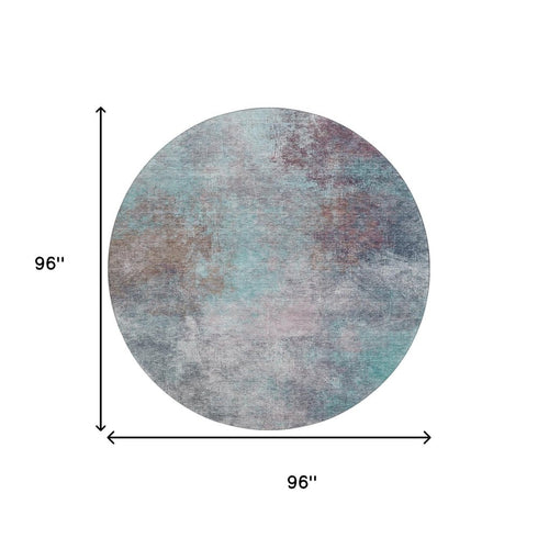 8' Teal And Taupe Abstract Washable Round Rug With UV Protection