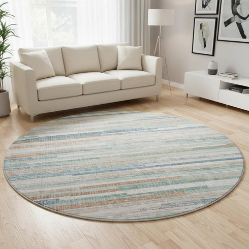8' Linen Copper And Ivory Striped Washable Round Rug With UV Protection