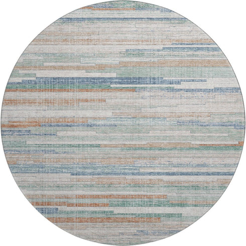 8' Linen Copper And Ivory Striped Washable Round Rug With UV Protection