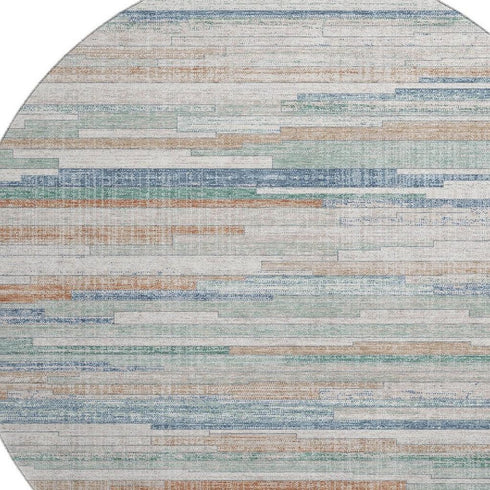 8' Linen Copper And Ivory Striped Washable Round Rug With UV Protection