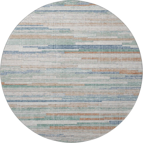 8' Linen Copper And Ivory Striped Washable Round Rug With UV Protection