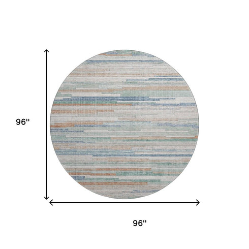8' Linen Copper And Ivory Striped Washable Round Rug With UV Protection