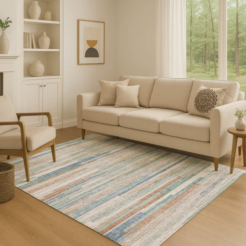 8' X 10' Linen Copper And Ivory Striped Washable Area Rug With UV Protection