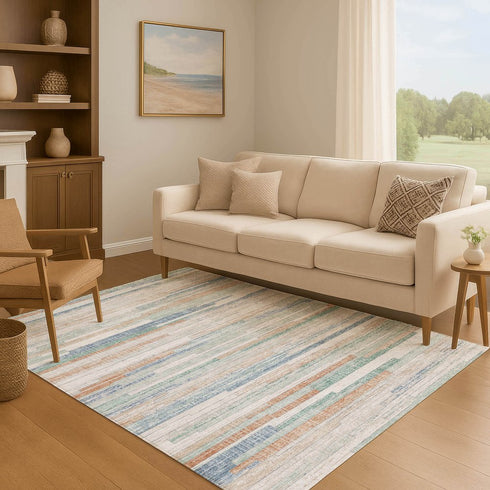 8' X 10' Linen Copper And Ivory Striped Washable Area Rug With UV Protection