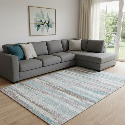 8' X 10' Teal Beige And Ivory Striped Washable Area Rug With UV Protection