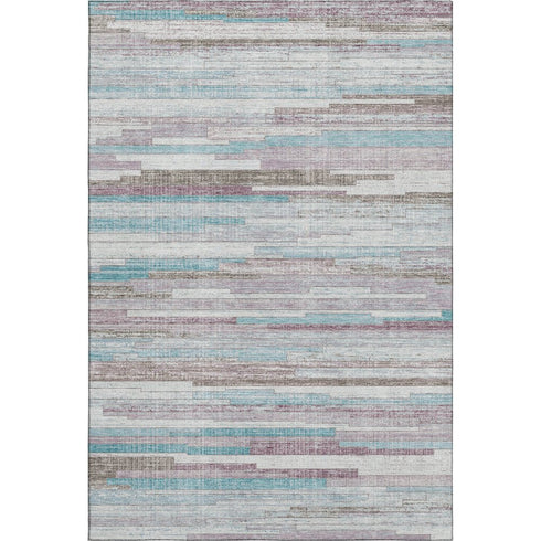 8' X 10' Teal Beige And Ivory Striped Washable Area Rug With UV Protection