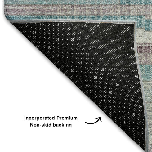 8' X 10' Teal Beige And Ivory Striped Washable Area Rug With UV Protection
