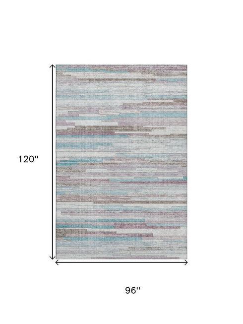 8' X 10' Teal Beige And Ivory Striped Washable Area Rug With UV Protection