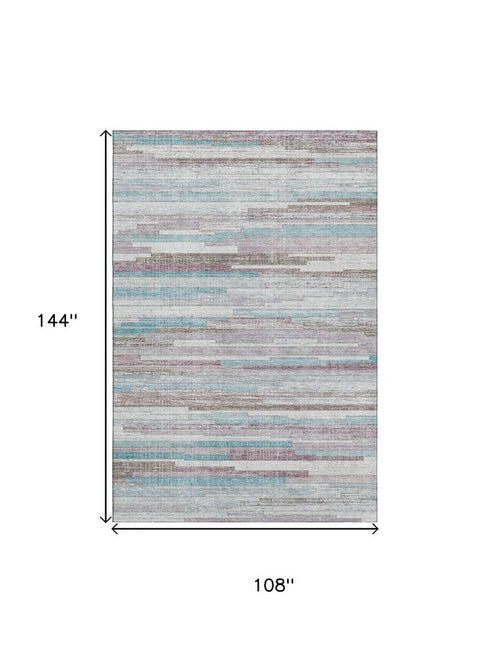 9' X 12' Teal Beige And Ivory Striped Washable Area Rug With UV Protection