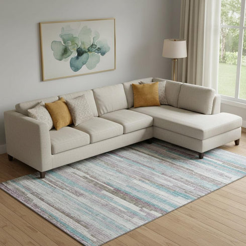 9' X 12' Teal Beige And Ivory Striped Washable Area Rug With UV Protection