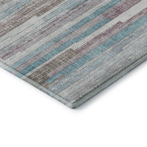 9' X 12' Teal Beige And Ivory Striped Washable Area Rug With UV Protection