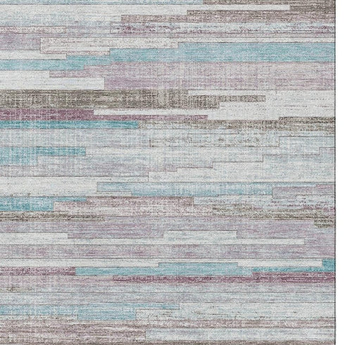 9' X 12' Teal Beige And Ivory Striped Washable Area Rug With UV Protection