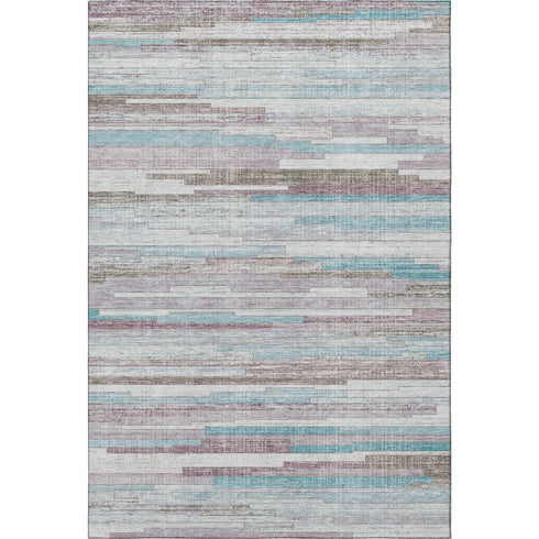9' X 12' Teal Beige And Ivory Striped Washable Area Rug With UV Protection