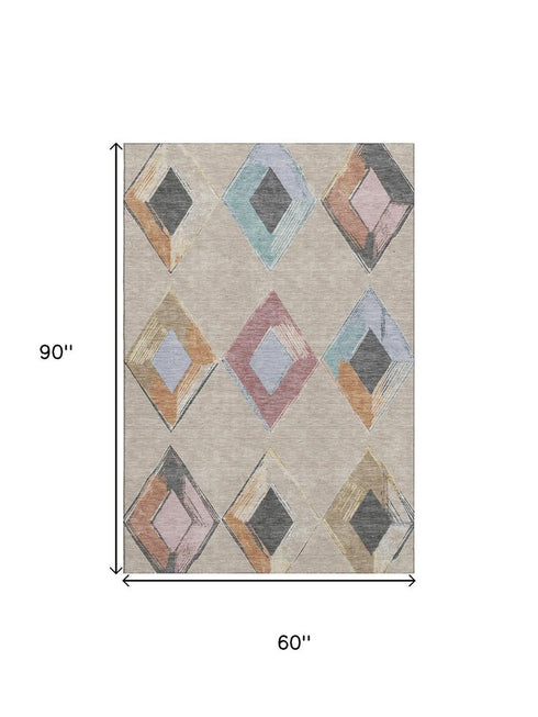 5' X 8' Beige Blue And Copper Geometric Washable Area Rug With UV Protection