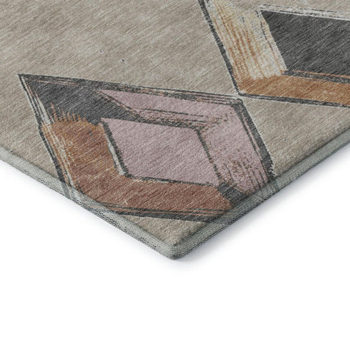 5' X 8' Beige Blue And Copper Geometric Washable Area Rug With UV Protection