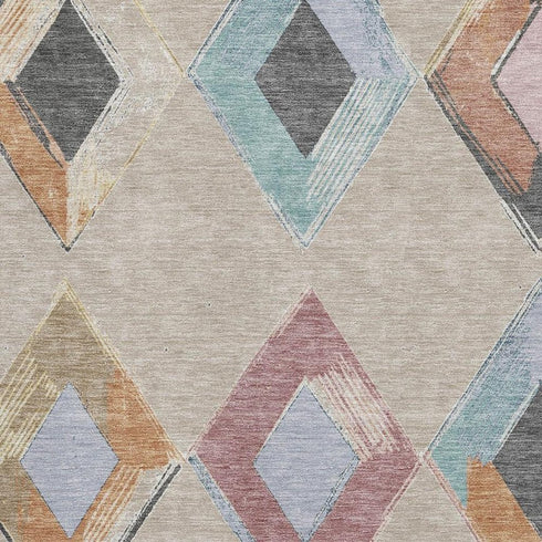 5' X 8' Beige Blue And Copper Geometric Washable Area Rug With UV Protection