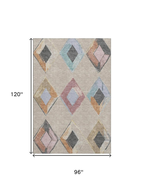 8' X 10' Beige Blue And Copper Geometric Washable Area Rug With UV Protection