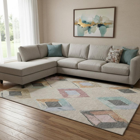 8' X 10' Beige Blue And Copper Geometric Washable Area Rug With UV Protection