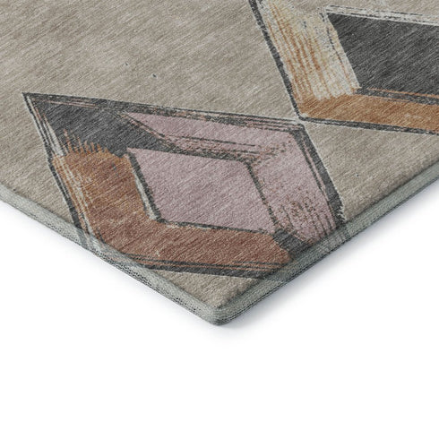 8' X 10' Beige Blue And Copper Geometric Washable Area Rug With UV Protection