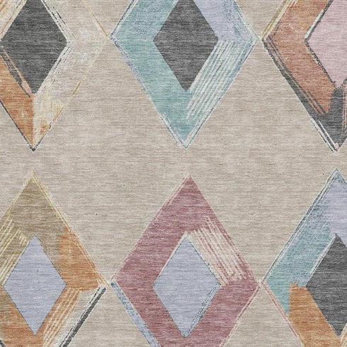 8' X 10' Beige Blue And Copper Geometric Washable Area Rug With UV Protection