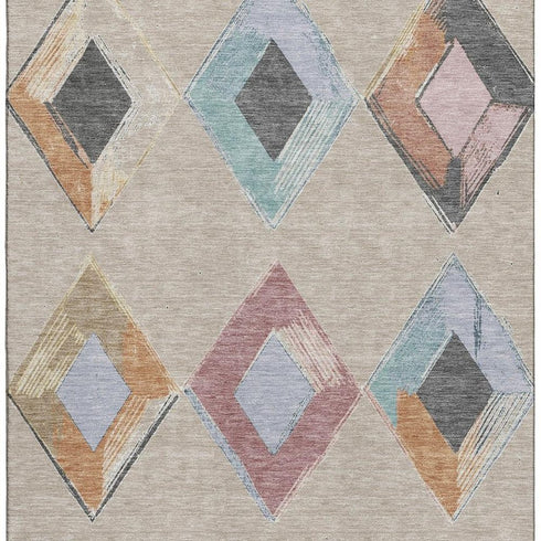 8' X 10' Beige Blue And Copper Geometric Washable Area Rug With UV Protection