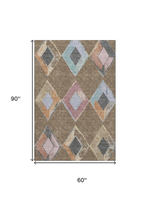 5' X 8' Brown Blue And Beige Geometric Washable Area Rug With UV Protection