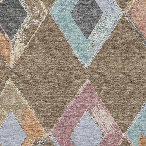 5' X 8' Brown Blue And Beige Geometric Washable Area Rug With UV Protection
