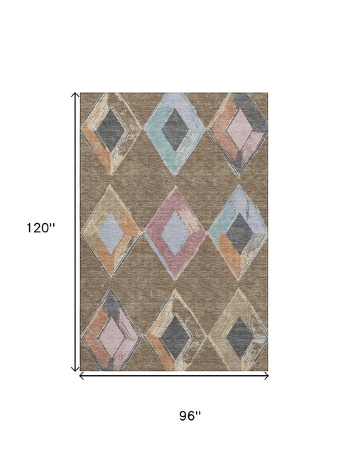 8' X 10' Brown Blue And Beige Geometric Washable Area Rug With UV Protection