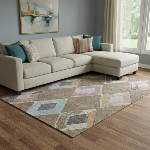 8' X 10' Brown Blue And Beige Geometric Washable Area Rug With UV Protection