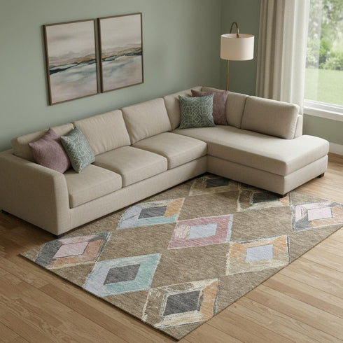 9' X 12' Brown Blue And Beige Geometric Washable Area Rug With UV Protection
