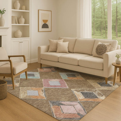 9' X 12' Brown Blue And Beige Geometric Washable Area Rug With UV Protection