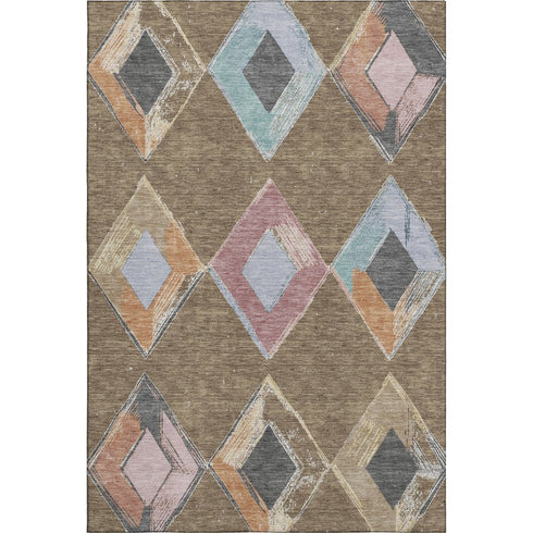 9' X 12' Brown Blue And Beige Geometric Washable Area Rug With UV Protection