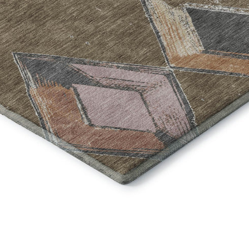 9' X 12' Brown Blue And Beige Geometric Washable Area Rug With UV Protection