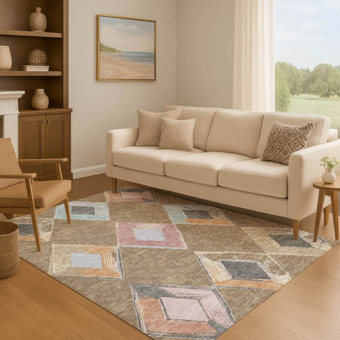 9' X 12' Brown Blue And Beige Geometric Washable Area Rug With UV Protection