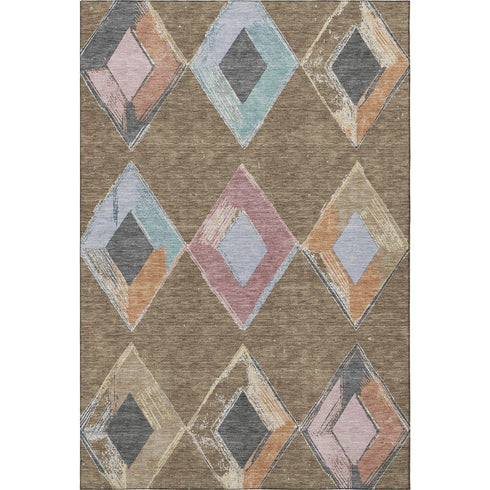 9' X 12' Brown Blue And Beige Geometric Washable Area Rug With UV Protection