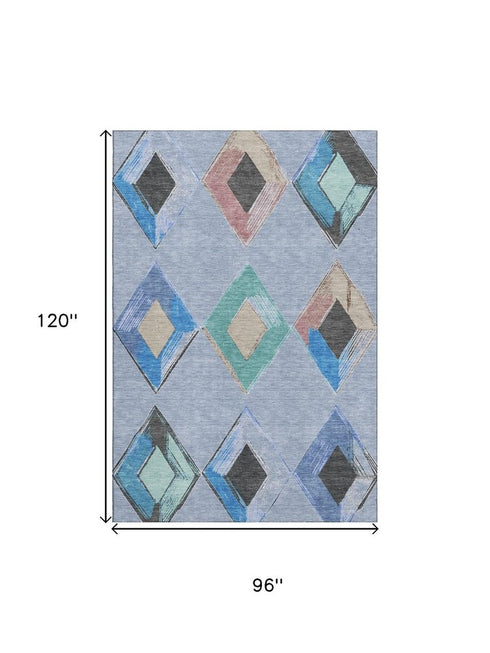 8' X 10' Denim Blue Charcoal And Mauve Geometric Washable Area Rug With UV Protection