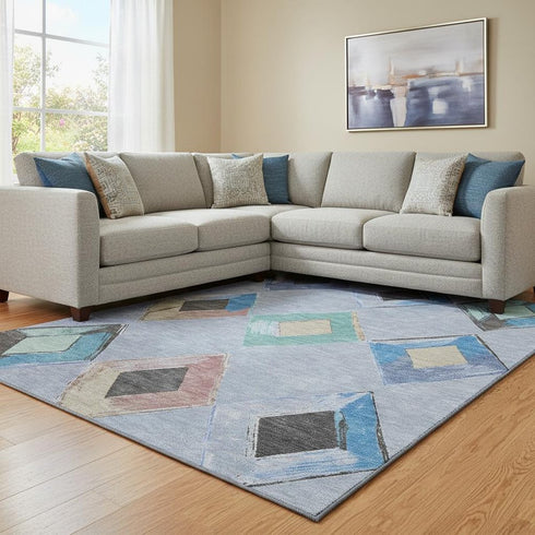 8' X 10' Denim Blue Charcoal And Mauve Geometric Washable Area Rug With UV Protection