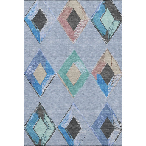 8' X 10' Denim Blue Charcoal And Mauve Geometric Washable Area Rug With UV Protection