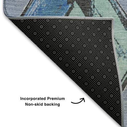 8' X 10' Denim Blue Charcoal And Mauve Geometric Washable Area Rug With UV Protection