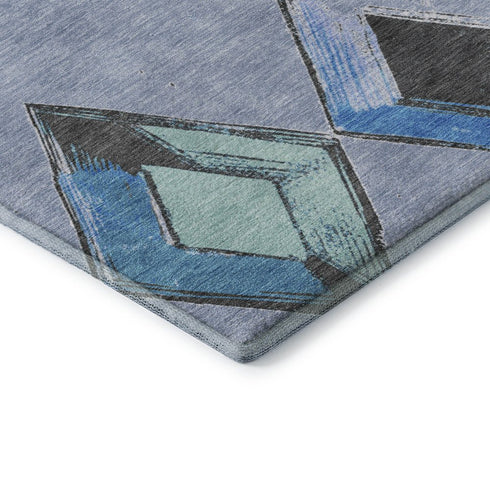 8' X 10' Denim Blue Charcoal And Mauve Geometric Washable Area Rug With UV Protection