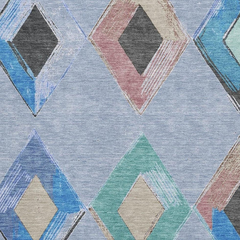 8' X 10' Denim Blue Charcoal And Mauve Geometric Washable Area Rug With UV Protection