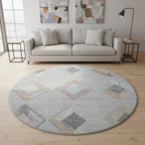 8' Gray Beige And Charcoal Geometric Washable Round Rug With UV Protection
