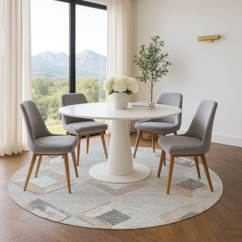 8' Gray Beige And Charcoal Geometric Washable Round Rug With UV Protection