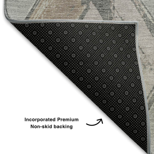 8' Gray Beige And Charcoal Geometric Washable Round Rug With UV Protection