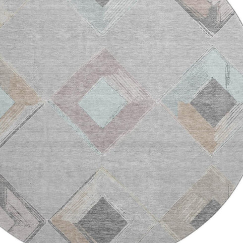 8' Gray Beige And Charcoal Geometric Washable Round Rug With UV Protection