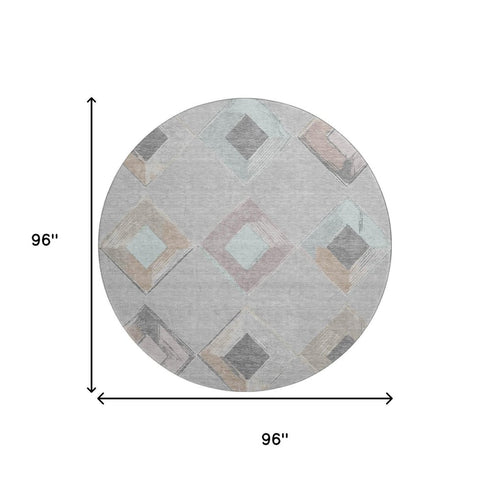 8' Gray Beige And Charcoal Geometric Washable Round Rug With UV Protection