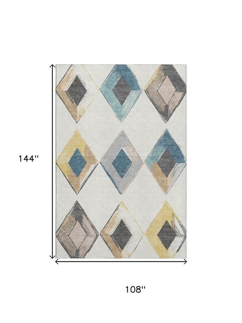 9' X 12' Ivory Blue And Gold Geometric Washable Area Rug With UV Protection