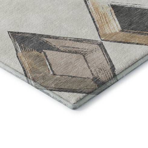 9' X 12' Ivory Blue And Gold Geometric Washable Area Rug With UV Protection